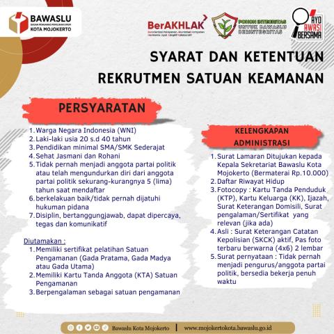 Syarat dan Ketentuan Rekrutmen Tenaga Pendukung Bawaslu Kota Mojokerto